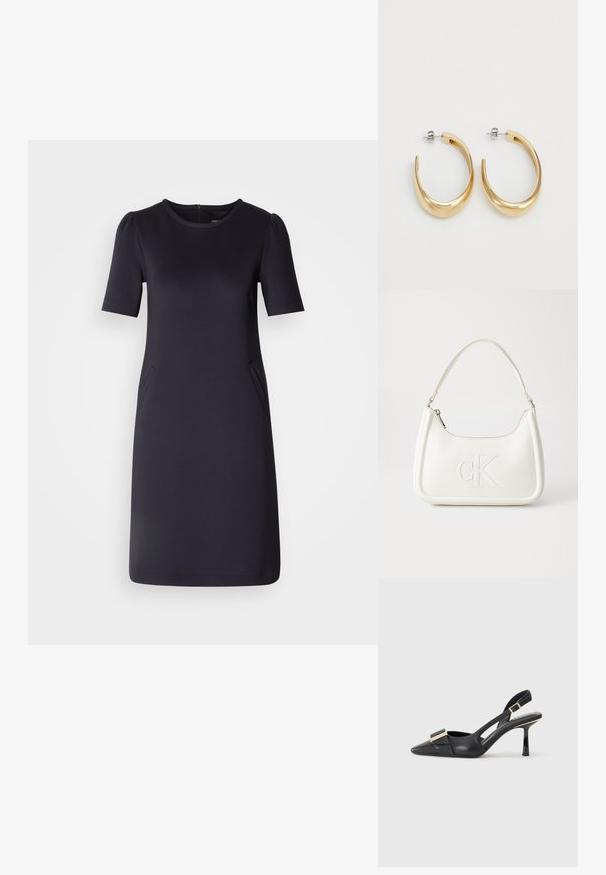 Námorníckomodrá šaty s krátkymi rukávmi, okrúhlym výstrihom a dvoma bočnými vreckami. Mäkky, hladký materiál s voľným strihom a dĺžkou po kolená.; Čierne kožené slingback topánky s špicatou špičkou, štíhlym podpätkom a akcentom zlatého tónu na priehlavku. Hladká textúra a štruktúrovaný dizajn.; Biela kožená kabelka s zakriveným tvarom, na prednej strane s embosovaným logom "CK" a jedným ramenným popruhom. Zipsové zapínanie navrchu.; Zlaté kruhové náušnice s hladkým, zakriveným dizajnom. Vyrobené z kovu, s elegantným povrchom a uzáverom na zadnej strane.