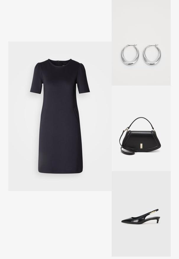 Himmelblaues Kleid mit kurzen Ärmeln, rundem Ausschnitt und zwei seitlichen Taschen. Weicher, glatter Stoff mit lockerer Passform und knielangem Design.; Schwarze Leder-Slingback-Pumps mit spitzem Schuhblatt, ausgestattet mit einem schlanken Absatz und einem goldfarbigen Akzent am verstellbaren Riemen. Glatte Textur.; Schwarze Lederhandtasche mit einem strukturierten Design, das eine verkürzte Form, einen oberen Griff und goldfarbene Hardware-Details aufweist. Verstellbarer Schulterriemen ist enthalten.; Ein Paar polierte silberne Halbmond-Ohrringe mit Scharnierverschlüssen auf einem weißen Hintergrund.