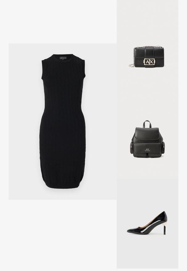 Juodas berankovis suknelė su prigludusia forma, tekstūruotu raštu ir juostele apačioje. Pagaminta iš tamprių, megztų audinių.; Juodas lakinės odos aukštakulnis batelis su smailiu noseliu ir išpjovų dizainu; turi elegantišką auksinį akcentą ant kulno. Paprastas ir elegantiškas.; Juodas odinis kuprinė su uždengimu, priekinė kišenė, šoninės užtrauktukų kišenės ir viršutinė rankena. Priekyje yra logotipo detalizavimas.; Juodas odinis rankinukas su siuvinėtu raštu, sidabriniu grandinės dirželiu ir ryškiu sidabriniu "AX" logotipu priekyje. Kompaktiška stačiakampio formos.