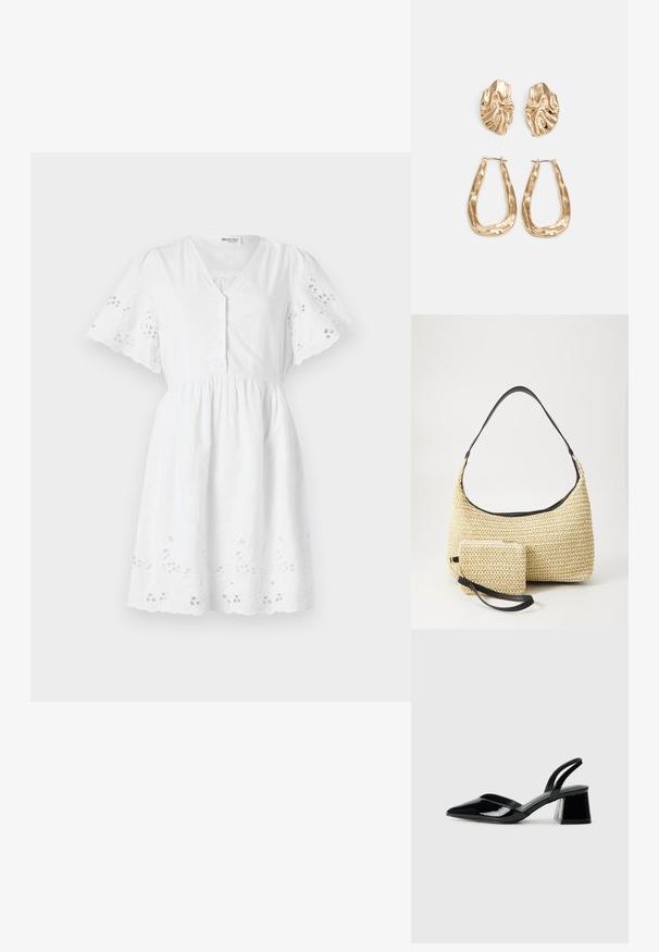 Rochie albă cu mânecă scurtă, decolteu în V, închidere cu nasturi, talie gathered și modele florale brodate pe mâneci și tiv.; Pantofi cu toc slingback din piele lacuită neagră, cu vârf ascuțit și toc geometric. Prezintă un design elegant, minimalist și o textură netedă.; Geantă din paie țesută, cu o siluetă curbată, având o curea din piele neagră netedă și un plic mic asortat, atașat printr-un breloc pentru încheietură.; Cercei aurii cu forme texturate și ondulate. Include studs sculpturale cu clip și un design de cerc deschis cu un finisaj cioplit.