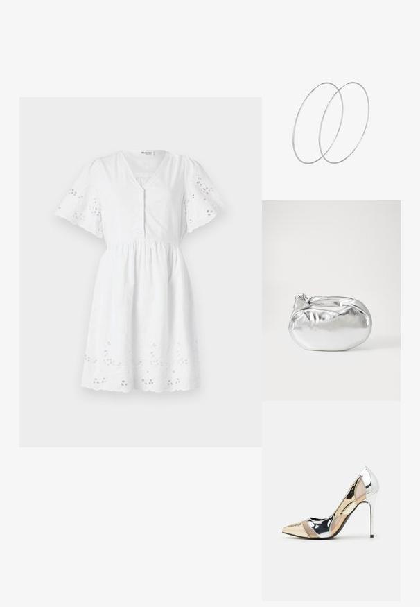 Bílé šaty s krátkým rukávem, výstřihem do V, zapínáním na knoflíky, nařaseným pasem a vyšívanými květinovými vzory na rukávech a lemu.; Lodička s špičatou špičkou a kombinací stříbrné, zlaté a tělové barvy. Lesklý povrch s vykrojeným designem, s jehlovým podpatkem.; Stříbrná kovová taška s měkkým, zaobleným tvarem a uzávěrem s uzlem. Vyrobena z hladké umělé kůže.; Stříbrné kruhové náušnice s minimalistickým designem. Kruh, hladký povrch a tenký profil. Lehká konstrukce s lesklým povrchem.