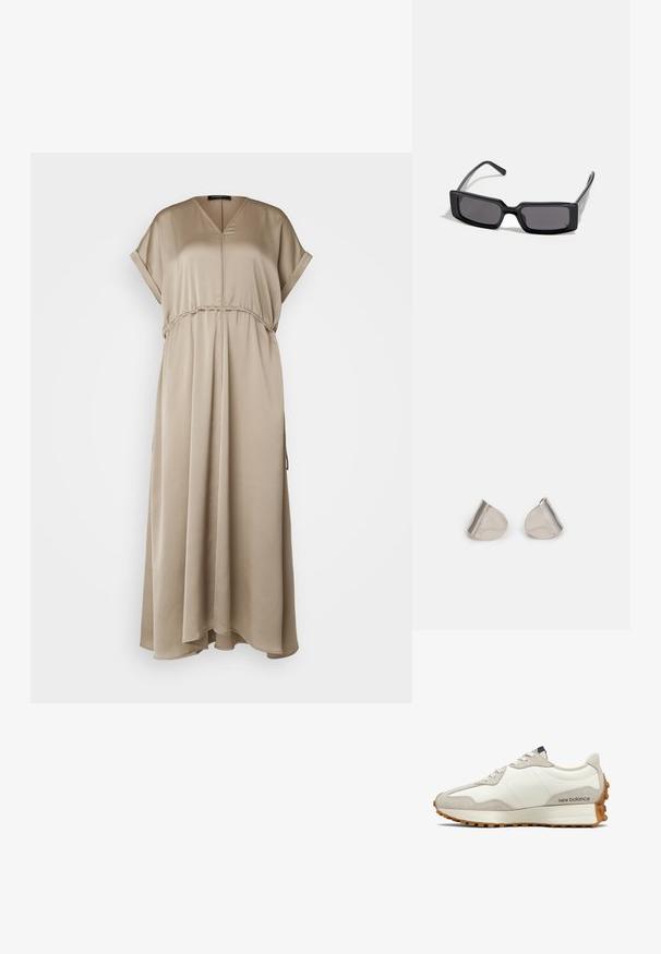 Bežs, līdz ceļgaliem garš kleita no mīksta auduma, ar V-veida kakla izgriezumu, īsām piedurknēm un elastīgu jostu brīvai piegulšanai.; Baltas un beige sporta apavi ar gludu ādas virsu, zamšādas akcentiem, noapaļotu purngalu un raupju gumijas zoli. Zīmola nosaukums drukāts uz sāniem.; Melni saulesbrilles ar taisnstūra rāmjiem, tumšiem stikliem un gludu, spīdīgu apdari. Rāmjiem ir plānas kājas ar izsmalcinātu zīmolu uz sāniem.; Sudraba metāla auskari ar gludu, asarveida formu un pulētu apdari. Smalkas gravējumi pievieno detalizāciju. Minimālisma dizains.