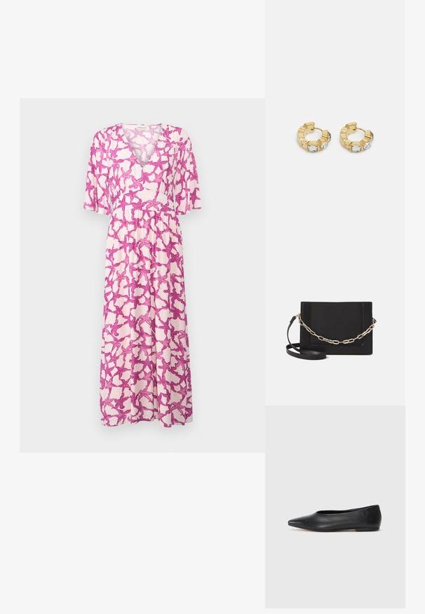 Fabienne Chapot JONNE DRESS - Vestido de dia - pink money/pink punc; Bailarina de couro preto, bico fino, design minimalista, textura suave, salto baixo, sem hardware ou embelezamentos visíveis.; Bolsa crossbody de couro preto com uma textura suave, forma retangular e um detalhe em corrente metálica na frente. Inclui uma alça ajustável.; Brincos de argola dourados com um design texturizado e três cristais transparentes em um lado, oferecendo uma estética geométrica moderna.