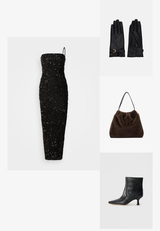 Jarlo CLEMENT czarny; Czarny skórzany botek za kostkę z zaokrąglonym noskiem, wygiętym kształtem i niskim, prostokątnym obcasem. Charakteryzuje się gładką fakturą i minimalistycznym designem.; Brązowa torba futrzana o miękkiej fakturze, z gromadzonym wierzchem i dwoma smukłymi paskami na ramię. Projekt charakteryzuje się zaokrąglonym kształtem i brakiem widocznych elementów metalowych.; Pieces PCJEA czarny