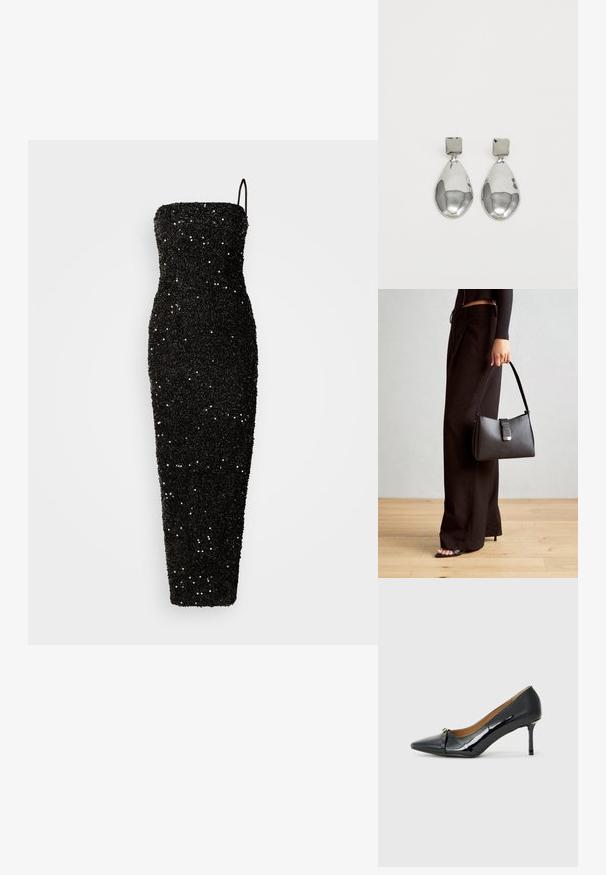 Jarlo CLEMENT - Occasion wear - black; Black patent leather high-heeled shoe with a pointed toe, decorative strap detail at the front, and a thin stiletto heel.; Black handbag with structured shape, smooth texture, and a metallic clasp. Paired with wide black pants and open-toe sandals on wooden floor.; Silver drop earrings with a square stud, featuring a smooth, polished finish and a teardrop shape, reflecting light with a glossy surface.
