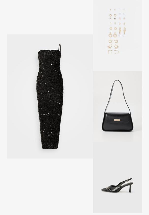 Jarlo CLEMENT - Apģērbs svinīgiem gadījumiem - black; Melnā patentēta ādas sandale ar norādītu purngalu, potītes siksniņām ar sudraba sprādzēm un aparatūru, kā arī smalku papēdi.; Melnas ādas rokassomiņa ar strukturētu trīsstūra formu, šauru siksnu un zelta toņu metāla detaļām, kurām ir logo plāksne priekšējā atloka.; Zeltainā tonī auskari, kas iekļauj dažādus dizainus, tostarp pīrsingu, gredzenus un karājošus elementus ar pērlēm un rhinestones.