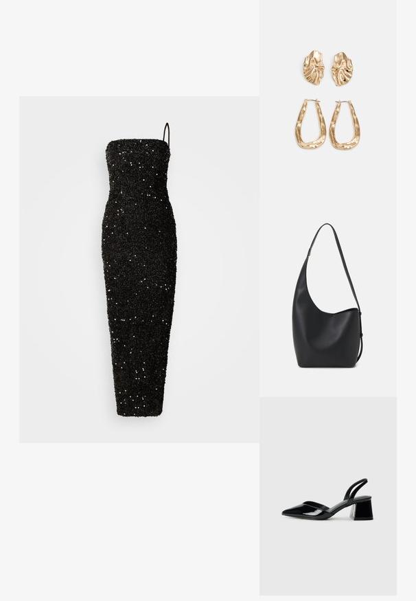 Jarlo CLEMENT - Apģērbs svinīgiem gadījumiem - black; Melna lakota āda ar atvērto papēdi, ar smailu purngalu un ģeometrisku blokpapēdi. Iezīmējas elegants, minimāls dizains un gluda tekstūra.; Melnas ādas hobo soma ar gludu tekstūru, izliekta forma un vienu regulējamu jostu; augšā ir plaša atvere.; Zelta krāsas auskari ar teksturētām, viļņotām formām. Iekļauts skulpturāls piespraužams modelis un atvērta gredzenveida konstrukcija ar izsistām virsmām.