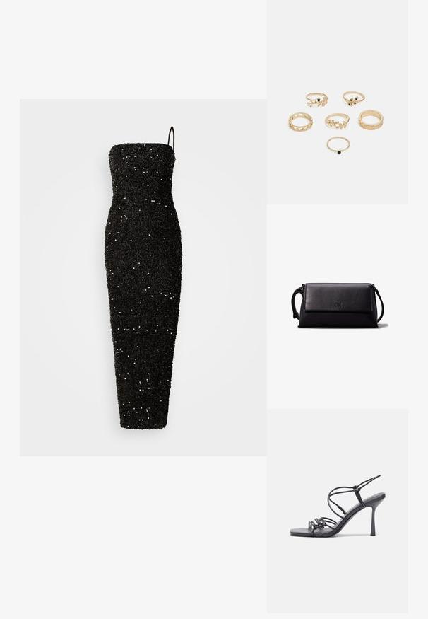 Jarlo CLEMENT - Společenské šaty - black; Černé high-heeled sandály mají tenké pásky s uzlovým designem, hladký čtvercový špičku a elegantní jehlový podpatek.; Černá kožená psaníčko s obdélníkovým tvarem, hladkým povrchem, plochým víkem a malou rukojetí na boku. Obsahuje jemné logo.; Sada šesti zlatých prstenů s různými designy: splétané, motivy listů a hladké prsteny; některé s zelenými drahokamy.