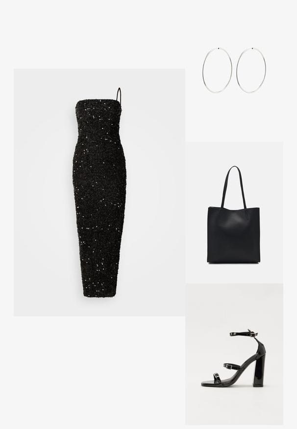 Jarlo CLEMENT - Proginė apranga - black; Juoda blizgi lakuota basutė su kvadratiniu pirštu, kulkšnies dirželiais ir sidabro sagtimis. Yra tvirta blokinė kulno konstrukcija, užtikrinanti stabilumą.; Juodas odinis tote krepšys su lygia tekstūra, stačiakampio formos ir dviem ilgais rankenomis. Matomų metalinių detalių ar puošybos nėra.; Sidabriniai auskarai-žiedai su lygiu, apvaliu dizainu ir blizgiu paviršiumi. Jie yra ploni ir lengvi, turintys paprastą užsegimą.