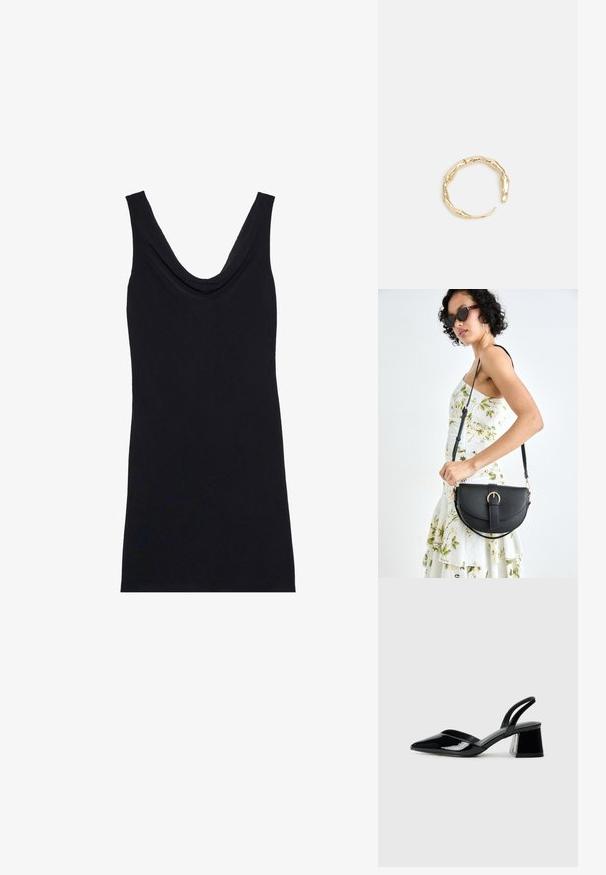 Schwarzes Tanktop mit einem drapierten Ausschnitt, ärmellosem Design und einer figurbetonten Silhouette. Hergestellt aus weichem, leichtem Stoff.; Schwarze Lackleder-Slingback-High Heels mit spitzem Schuh und einem geometrischen Blockabsatz. Verfügt über ein schlankes, minimalistisches Design und eine glatte Textur.; Schwarze Lederhandtasche mit geschwungener Form, abnehmbarem Tragegurt und goldenen Beschlägen. Die Tasche verfügt über einen Deckel mit einer Schnallen-Details.; Goldfarbener Ring mit einem organischen, gedrehten Design, glatter Oberfläche und sich verjüngenden Enden, was ein modernes, skulpturales Erscheinungsbild erzeugt.