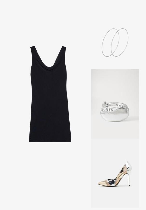 Crna majica bez rukava s drapiranim dekolteom i uskim krojem. Izrađena od mekog, laganog materijala.; Cipele s visokom potpeticom i špicastim vrhom u srebrnoj, zlatnoj i nude boji. Sjajan finiš s izrezbarenim dizajnom, s potpeticom u obliku stiletto.; Srebrna metalik torbica s mekim, zaobljenim oblikom i čvorastim zatvaranjem na vrhu. Izrađena od glatke sintetičke kože.; Srebrne okrugle naušnice s minimalističkim dizajnom. Kružni oblik, glatka tekstura i tanak profil. Lagane s poliranim završetkom.