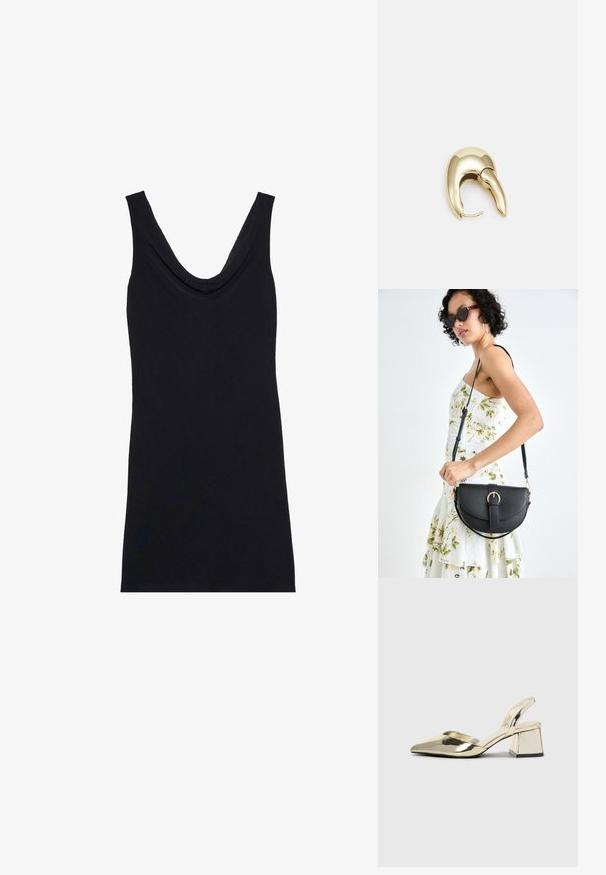 Melnas bez piedurknēm topiņš ar drapētu kakla izgriezumu, pieguļošu siluetu un izgatavots no mīkstas, vieglas auduma.; Zeltaini, metāla kurpes ar siksniņām, norakans purngalis un masīla papēdis. Gluda tekstūra, minimālisma dizains un šaura siksna.; Melnas ādas rokassoma ar izliekta formu, noņemamu siksnu un zelta aksesuāriem. Somai ir vāciņš ar sprādzes detaļu.; Zeltīti metāla auskari ar gludu, izliekta dizaina. Ar atšķirīgu smailu formu, pulētu virsmu un eņģu aizdari.