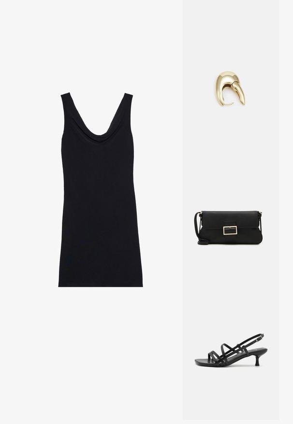 Débardeur noir avec un décolleté drapé, sans manches et une silhouette ajustée. Fabriqué en tissu doux et léger.; Sandales à talons noirs avec plusieurs brides entrecroisées. Matériau lisse, bout pointu et talon étroit. Bride de cheville ajustable avec boucle.; Pochette en cuir noir avec un rabat et un détail en boucle en métal doré. Inclut une sangle noire et un design épuré et minimaliste.; Boucle d'oreille en métal doré avec un design élégant et courbé. Présente une forme conique distinctive, une surface polie et une fermeture à charnière.