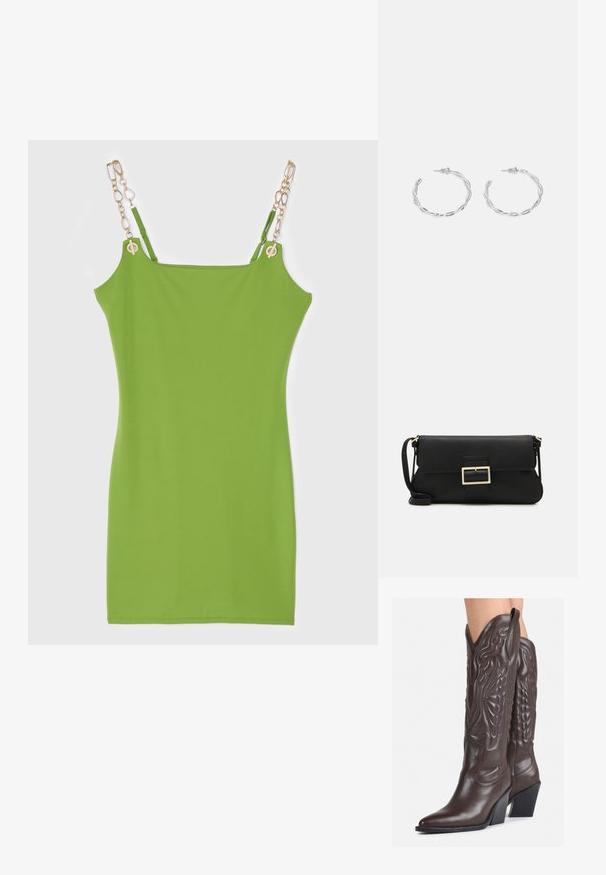 Zöld, testhez álló ruha sima anyagból, láncstílusú arany kiegészítőkkel a pántokon és egy egyszerű, minimál dizájnnal.; Barna bőr cowboy csizmák hegyes orral és blokk sarkal, részletes varrással és kiemelkedő díszítésekkel a szárán.; Fekete bőr kézitáska hajtóka részlettel és aranyszínű fém csattal. Tartalmaz egy fekete pántot és egy letisztult, minimális dizájnt.; Ezüst karika fülbevalók csavart kialakítással, fényes felülettel és fülbevaló tűzáras zárással. Átmérőjük körülbelül 3 cm.