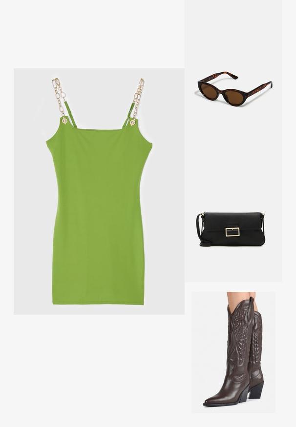 Zelené priliehavé šaty vyrobené z hladkej látky, zdobené zlatými reťazovými kovovými prvkami na ramienkach a s jednoduchým, minimalistickým dizajnom.; Hnedé kožené kovbojské topánky s špicatou špičkou a blokovým podrážkou, so zložitým prešívaním a vyvýšenými akcentmi na puzdre.; Hnedé slnečné okuliare v štýle tortoiseshell s vintage cat-eye tvarom a hnedými sklami. Majú zakrivené ramienka s červenými akcentmi.; Čierna kožená clutch taška s klopou a zlatým kovovým detailom s prackou. Obsahuje čierny remienok a elegantný, minimalistický dizajn.; Zlaté kruhové náušnice s hladkým, lesklým povrchom. Cirkulárny dizajn s malým steblom a jasným záznamom pre bezpečné nosenie.