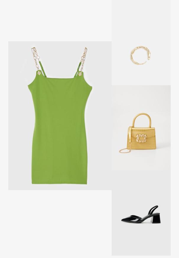 Zelena haljina po mjeri izrađena od glatkog materijala, s livenim zlatnim detaljima na trakama i jednostavnim, minimalističkim dizajnom.; Crne lakirane kožne sandale s otvorenom petom i špicastim vrhom, s geometrijskom blok petom. Imaju elegantan, minimalistički dizajn i glatku teksturu.; Žuta torbica od umjetnog krokodila sa strukturiranim dizajnom, gornjom ručkom, odvojivim lančićem i dekorativnim kristalnim ukrasom na kopči.; Prsten u zlatnoj nijansi s organskim, uvijenim dizajnom, glatkom teksturom i suženim krajevima, koji stvara moderan, skulpturalni izgled.