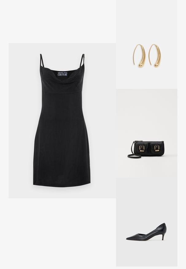 Černé šaty s tenkými, nastavitelnými ramínky, s lodičkovým výstřihem a přiléhavým střihem. Hladká textura; žádné viditelné vzory nebo kování.; Černá kožená lodička s špičatou špičkou a nízkým podpatkem. Má hladkou texturu a jemný lesk. Přední část je otevřená pro zvýraznění detailu.; Černá kožená crossbody taška se dvěma předními kapsami, zlatými přezkami, zipovým uzávěrem a štíhlým popruhem. Texturovaný povrch a kompaktní obdélníkový tvar.; Náušnice ve tvaru kruhu z pozlaceného kovu s vroubkovaným, prodlouženým tvarem. Mají hladký, lesklý povrch a zaoblený konec pro zvýraznění detailu.