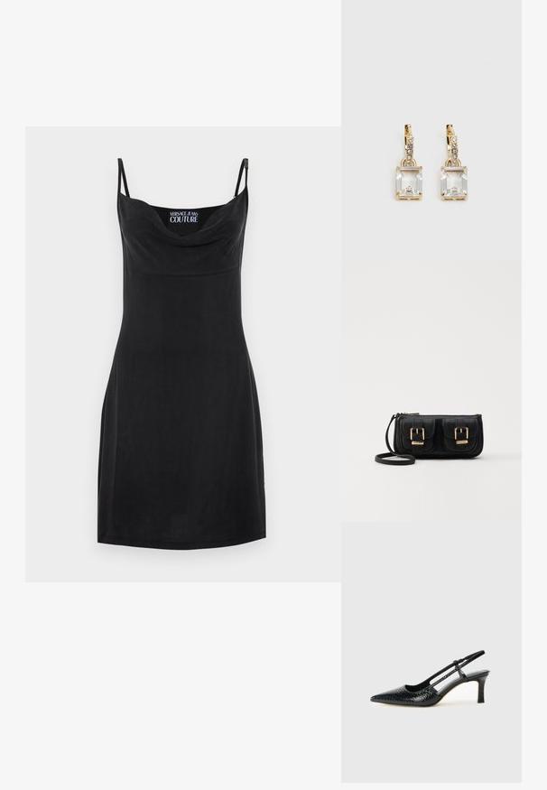 Vestido preto com alças finas e ajustáveis, decote drapeado e silhueta ajustada. Textura suave; sem padrões ou materiais visíveis.; Salto slingback em patente preta com bico apontado, apresentando um padrão de pele de cobra texturizado, tira ajustável e um salto bloco curto e texturizado.; Bolsa de ombro em couro preto com dois bolsos frontais, fivelas douradas, fecho de zíper e uma alça fina. Superfície texturizada e forma retangular compacta.; Brincos em tom de ouro com um cristal retangular claro pendurado abaixo de uma linha de pequenos acentos redondos claros. Design elegante e moderno.