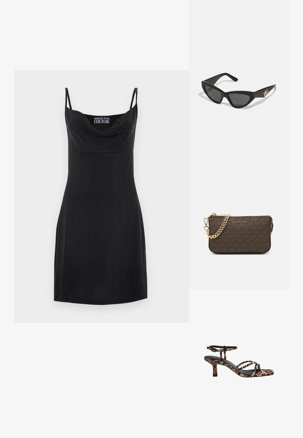 Crna haljina s tankim, podesivim trakama, širokim izrezom i prilagođenim siluetom. Glatka tekstura; bez vidljivih uzoraka ili metalnih detalja.; Sandal na visokoj peti s leopard uzorkom, kvadratnim vrhom, višestrukim trakama i srednjom petom. Napravljen od mekanog tekstilnog materijala.; Naočale u obliku mačjih očiju s okvirom od mat crne plastike, tamnim lećama i zlatnim logotipom na sljepočnici. Kutni dizajn i glatka tekstura.; Smeđa kožna torba preko ramena s uzorkom loga, zlatna lanac trakica, zatvaranje na patentni zatvarač i zlatni metalni detalji. Kompaktna i pravokutna forma.
