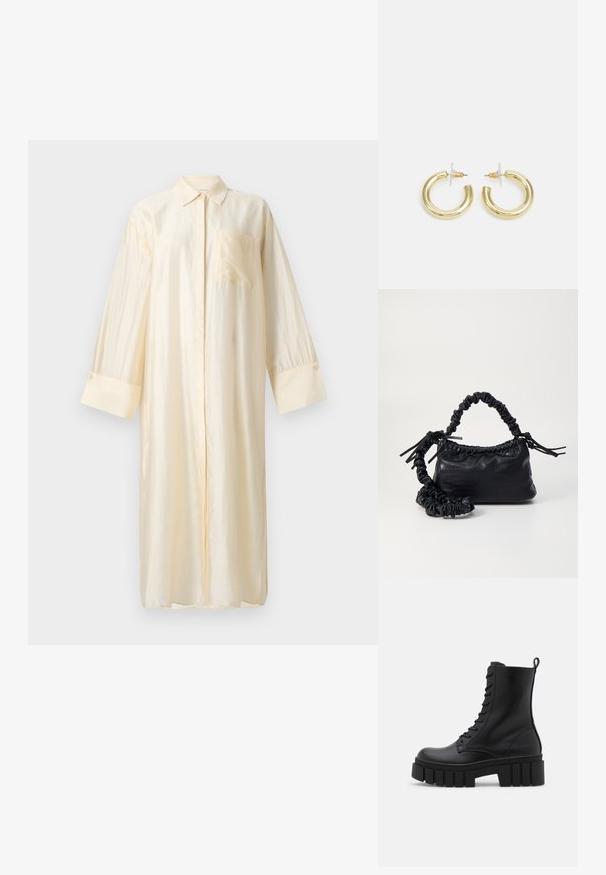 Svilena dolga srajca v svetli kremni barvi, z ovratnikom, sprednjim zapiranjem na gumbe in žepom na prsih. Dolgi rokavi z manšeti na gumbe.; Črne usnjene gležnjarje z debelim, rebrastim podplatom, vezanjem na sprednji strani in zanka za vlečenje na gladki beli podlagi.; Črna torbica iz umetnega usnja s krokodilovo teksturo, z zvitim vrhom in zmečkano naramico. Zdi se mehka in kompaktna v oblikovanju.; Zlate uhane v obliki obročkov z gladko, sijočo površino. Krožna zasnova s majhnim nosilcem in prozornim podplatom za varno nošenje.
