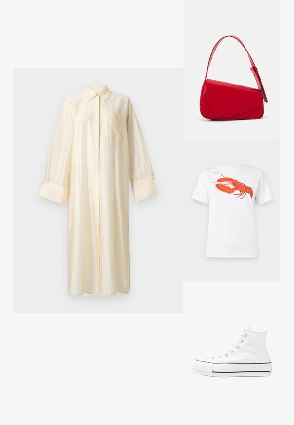 Satin garais krekls bālā krēmā, ar apkakli, priekšējo pogu aizdari un krūšu kabatu. Garas piedurknes ar pogu aprocēm.; Balta kokvilnas T-krekls ar lielu, spilgti sarkanu omāru grafiku uz priekšu. Īsas piedurknes un standarta apļveida kakla dizains.; Balti augstie kanvas sporta apavi ar melnu gumijas zoli, priekšējo gumijas purngalu un sešām acīm lencēm, kuriem ir tīrs, minimālistisks dizains.; Sarkans ādas rokassomi ar stūrainu, ģeometrisku dizainu. Iekļauj vienu regulējamu siksnu un vāku ar izšūtu detaļu.