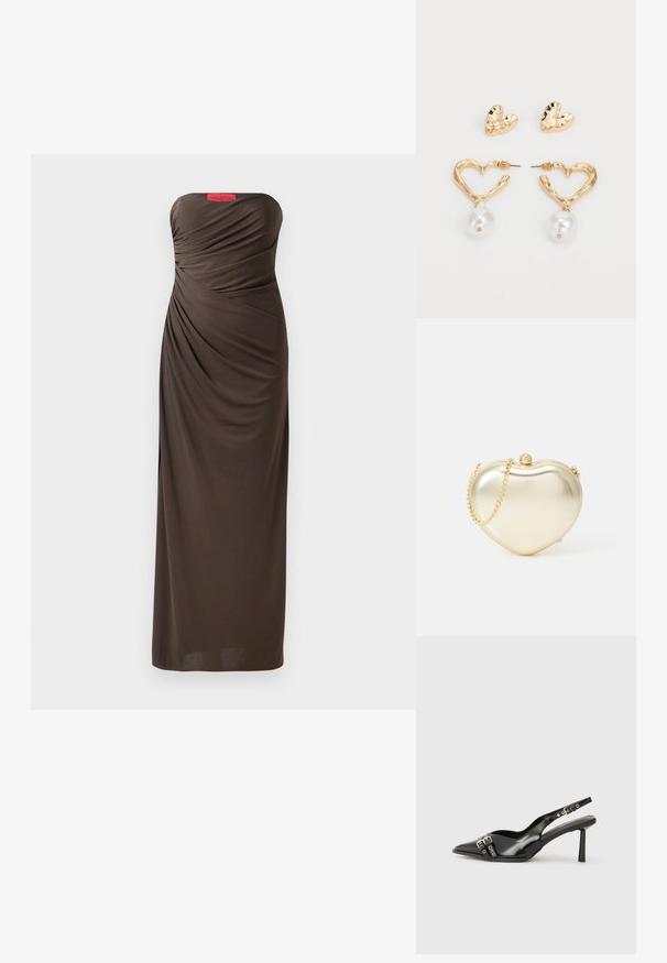Trägerkleid in Braun mit Drapierungen, bodenlangem Design und einem auffälligen Halston-Logo-Label oben.; Schwarzer Lackleder Slingback-Schuh mit spitzem Zehenbereich, Knöchelriemen mit silbernen Schnallen und Beschlägen sowie einem schlanken Absatz.; Goldfarbener, metallischer, herzförmiger Clutch mit einer Kettenriemen und einer Perlenverschluss-Detail. Glatte Textur, kompaktes Design für kleine Essentials.; Herzförmige Ohrringe in Goldton mit strukturierter Oberfläche, mit einem hängenden Perlenakzent. Einschließlich passender Herz-Stiftohrringe.