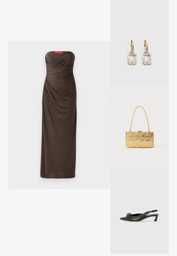 Robe de soirée marron sans bretelles avec des détails en tissu drapé, longueur au sol et une étiquette Halston bien visible en haut.; Chaussure slingback en cuir noir avec un bout pointu, un petit talon et un détail de boucle décoratif sur le dessus. Texture lisse, design minimaliste.; Pochette en sequins dorés de forme rectangulaire, dotée d'une poignée en chaîne torsadée et d'une fermeture à fermoir en métal, réfléchissant la lumière avec une finition texturée.; Boucles d'oreilles en or lumineux avec un cristal rectangulaire transparent pendent sous une rangée de petits accents ronds transparents. Design élégant et moderne.