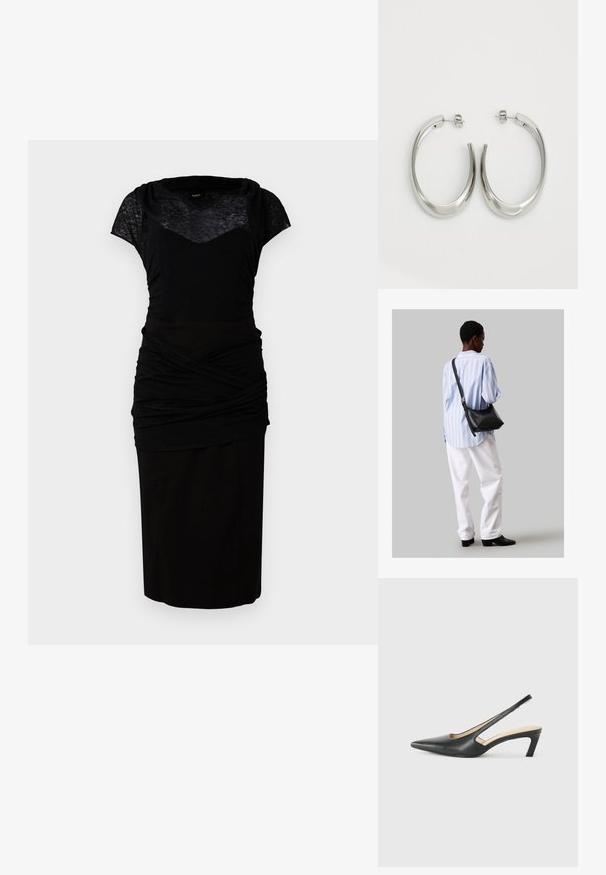 Μαύρο φόρεμα με εφαρμοστό μπούστο και κοντά μανίκια, που διαθέτει υφασμάτινη εξωτερική επένδυση και συγκεντρωμένο κάτω μέρος. Μαλακή φούστα μέχρι το γόνατο.; Μαύρο παπούτσι slingback με αιχμηρή μύτη και χαμηλό τακούνι, κατασκευασμένο από λείο δέρμα με σχέδιο κοπής στη πλευρά για αερισμό.; Μαύρη δερμάτινη τσάντα ώμου με απαλή υφή, τριγωνικό σχήμα και ρυθμιζόμενο λουρί, συνδυασμένη με ένα ανοιχτό μπλε ριγέ πουκάμισο και λευκό παντελόνι.; Ασημένια σκουλαρίκια κρίκοι με μαλακή, καμπυλωτή σχεδίαση. Διαθέτουν γυαλιστερή μεταλλική υφή και κλείσιμο με σφίγγα. Χωρίς ορατά μοτίβα ή διακοσμήσεις.