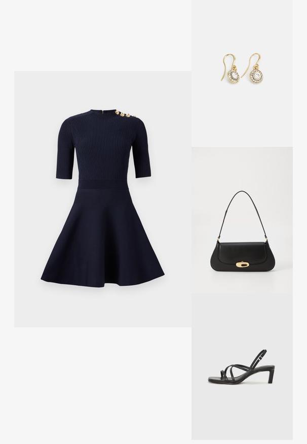 Navyblauwe jurk met een aansluitende geribbelde bovenkant en een uitlopende rok. Beschikt over korte mouwen, een hoge hals en gouden knoopdetails op de schouder.; Zwarte sandaal met bandjes, vierkante teen en een lage blokhak. Voorzien van meerdere dunne bandjes en een verstelbare enkelband. Gemaakt van zacht leer.; Zwarte leren handtas met een gebogen ontwerp, goudkleurige accenten en een bovenhandvat. Heeft een strakke sluiting en een gladde textuur.; Goudkleurige oorbellen met ovaalvormige heldere kristallen omringd door kleinere heldere stenen, met een haakontwerp voor een veilige draagervaring.