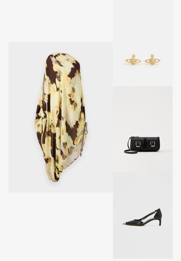 Leichtes, fließendes Schal in Braun und blassgelb mit floralem Muster. Verfügt über strukturierte Akzente und geraffte Seiten mit Hardware-Details.; Schwarzer Lederschuh mit Katzenabsatz, spitzer silberner Zehenkappe und doppelten Schnallenriemen vor weißem Hintergrund.; Schwarze Leder-Umhängetasche mit zwei vorderen Taschen, goldenen Schnallen, Reißverschluss und einem schmalen Tragegurt. Texturierte Oberfläche und kompakte rechteckige Form.; Vivienne Westwood MINI BAS RELIEF EARRINGS - Ohrringe - gold-coloured