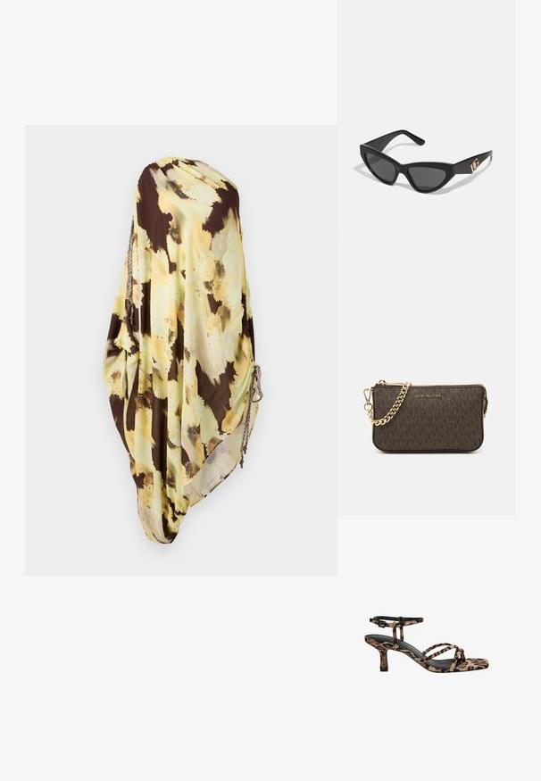 Lettet, svævende tørklæde i brun og lys gul med blomstermønster. Har strukturerede detaljer og samlede sider med hardware-detaljer.; Sandaler med hæl i leopardmønster og firkantet tå, med flere stropper og en mellemhøj hæl. Fremstillet af blødt tekstilmateriale.; Cat-eye solbriller med en mat sort kunststoframme, mørke linser og en guldfarvet logoaccent på stænger. Vinklet design og glat overflade.; Brun læder crossover taske med logo mønster, guldkæde rem, lynlås lukning og gyldne hardware detaljer. Kompakt og rektangulær form.