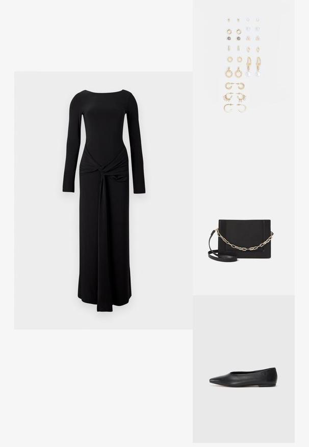Black long-sleeve gown with a fitted bodice, round neckline, and knotted detail at the waist, flowing into a straight silhouette.; Black leather ballet flat, pointed toe, minimalistic design, smooth texture, low-profile heel, no visible hardware or embellishments.; Black leather crossbody bag featuring a smooth texture, rectangular shape, and a metallic chain detail on the front. Adjustable strap included.; Set of gold-tone earrings featuring various designs, including studs, hoops, and dangling pieces with pearls and rhinestones.