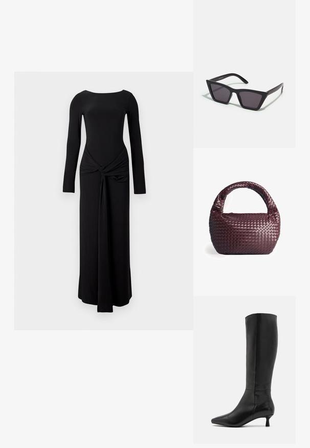 Mustvalge pikade varrukatega kleit, millel on istuv kehaosa, ümmargune kaelus ja sõlme detail vööl, voolates sirge siluetti.; Zign Saapad - black; Mustad mustrakellad, millel on hallid šabloonid; valmistatud plastist, paksude ja siledate kätega, ilma nähtava riistvarata.; Kootud burgundi värvi käekott ümarate vormide, paksu käepideme ja tekstuuriga nahaga. Omab siledat, läikivat pinda ja tõmbluku sulgemist.