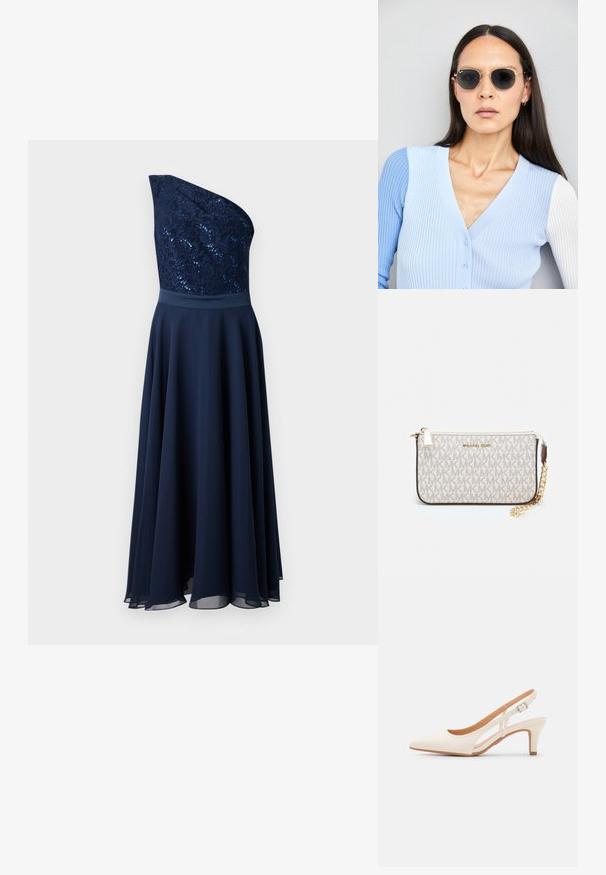 Sötétkék, egyvállas ruha, flitteres csipkebodréval és lebegő szoknyával. Sima textúra, fitted derékkal és rétegzett aljjal.; Fehér slingback sarok, hegyes orral, sima felső anyaggal, alacsony blokk sarkával és oldalsó kivágott dizájnnal, állítható csatpánttal.; Kerek napszemüveg sötét lencsékkel és arany kerettel. A modellen világoskék, bordázott kardigán van gombokkal és kontrasztos fehér ujjaival.; Michael Kors bézs bevonatos vászon karkötő, amely ismétlődő MK logó mintával, aranyszínű fémrészletekkel és levehető lánchordóval rendelkezik.