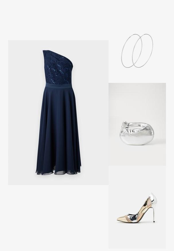 Tumedane ühele õlale kantav kleit, millel on sädelev pitsist korpus ja voolav seelik. Sile tekstuur, kinnitatud talje ja kihiline äär.; Kitsas toe kõrge kontsaga kingad, millel on hõbedane, kuldne ja nude värvilahendus. Läikiv viimistlus lõikekujundusega, stiletto konts.; Hõbedane metallikoti kott pehme, ümar kuju ja sõlme ülemise sulgemisega. Valmistatud siledast kunstnahast materjalist.; Hõbedased rõngastikkaehingad minimalistlikus disainis. Ümar kuju, sile tekstuur ja õhuke profiil. Kerged ning poleeritud viimistlusega.