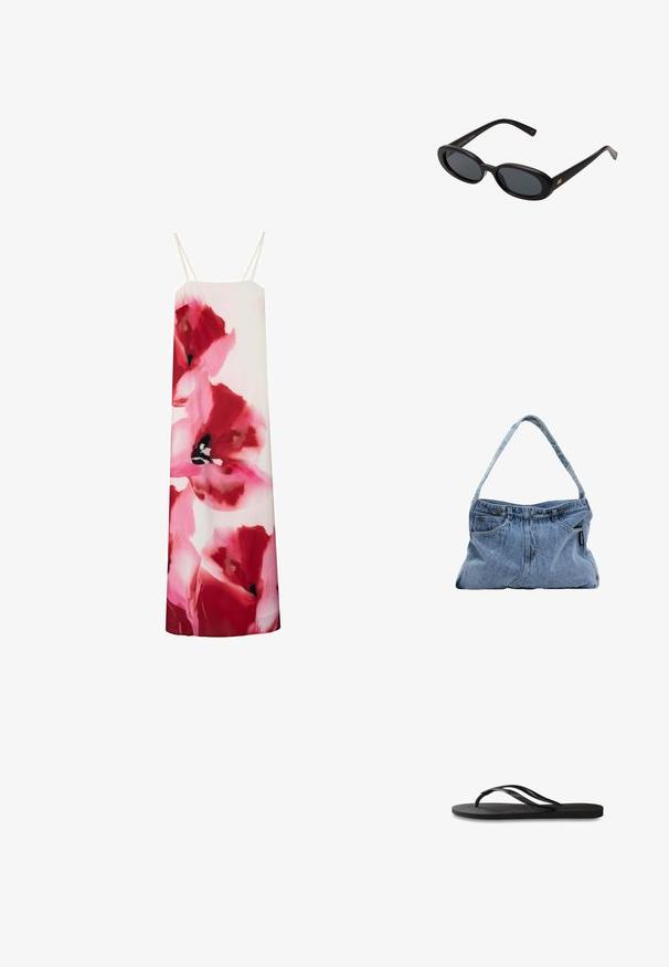 Robe nuisette florale avec des fleurs roses et rouges vives sur fond blanc. Elle présente des fines bretelles et une coupe droite.; Tongs noires avec une semelle en caoutchouc texturée, deux fines lanières et un détail de logo embossé subtil sur la lanière.; Lunettes de soleil noires surdimensionnées avec des verres ovoïdes, monture en plastique lisse et accents dorés sur les tempes. Les verres sombres offrent une protection contre le soleil.; Sac à épaule en denim avec une bandoulière courbée, deux poches avant et un dessus à bouton, comprenant un tissu bleu clair et des détails de couture contrastés.