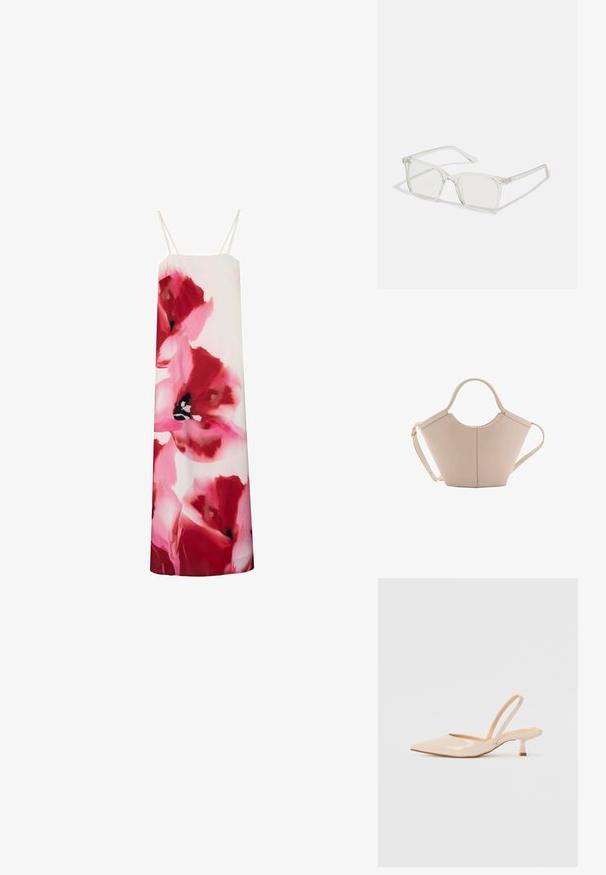 Florales Trägerkleid mit leuchtend pinken und roten Blumen auf einem weißen Hintergrund. Mit dünnen Trägern und einem geraden Schnitt.; Beige Lackleder Slingback-Pumps mit spitzem Vorderteil und einem schlanken, quadratischen Absatz. Glatte Textur und minimalistisches Design ohne Verzierungen.; Klare, quadratische Kunststoffbrillen mit durchsichtigen Gläsern, die goldene Akzente an den Bügeln für zusätzliche Details aufweisen.; Beige Lederhandtasche mit einer einzigartigen Form, die zwei kurze Henkel und einen langen verstellbaren Riemen aufweist. Glatte Textur mit minimalen Hardware-Elementen.