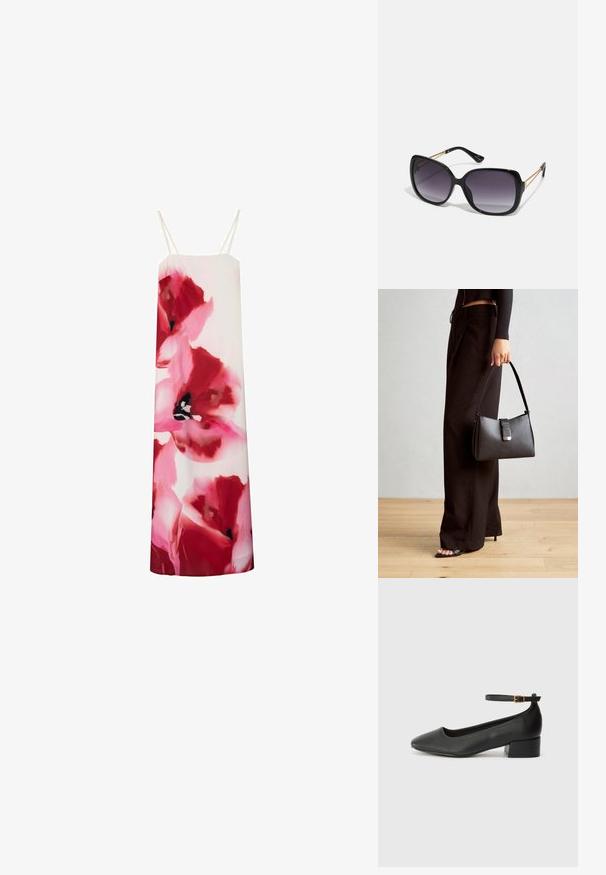 Florales Trägerkleid mit leuchtend pinken und roten Blumen auf einem weißen Hintergrund. Mit dünnen Trägern und einem geraden Schnitt.; Schwarze Lederpumps mit spitzem Zehenbereich und niedrigem Blockabsatz. Mit einem Knöchelriemen und einer goldfarbenen Schnalle. Glatte Textur.; Schwarze übergroße Sonnenbrille mit getönten Gläsern, dicken Rahmen und goldfarbener Kettendetaillierung an den Bügeln.; Schwarze Handtasche mit strukturierter Form, glatter Textur und einem metallischen Verschluss. Kombiniert mit weiten schwarzen Hosen und offenen Sandalen auf einem Holzboden.