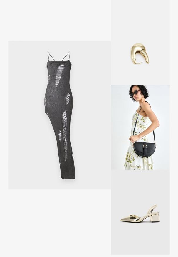Melnā adīta garā kleitā ar plānām siksnām, kas rotāta ar daudzām izgriezumiem, radot rakstainu efektu. Mīksta tekstūra ar pieguļošu siluetu.; Zeltaini, metāla kurpes ar siksniņām, norakans purngalis un masīla papēdis. Gluda tekstūra, minimālisma dizains un šaura siksna.; Melnas ādas rokassoma ar izliekta formu, noņemamu siksnu un zelta aksesuāriem. Somai ir vāciņš ar sprādzes detaļu.; Zeltīti metāla auskari ar gludu, izliekta dizaina. Ar atšķirīgu smailu formu, pulētu virsmu un eņģu aizdari.