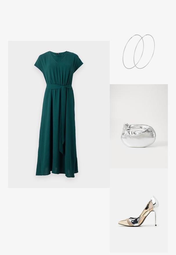 Dolge teal obleke iz lahkega materiala, ki ima V-izrez, kratke rokave, zožen pas in zavezan pas za dodaten poudarek.; Čevlji z visoko peto in konico, v barvni kombinaciji srebrne, zlate in nude. Sijajna obdelava z izrezljanim dizajnom, z igličasto peto.; Srebrna kovinska torbica z mehko, zaobljeno obliko in zavezano zgornjo zaporo. Narejena iz gladkega umetnega usnja.; Srebrne uhane v obliki obroča z minimalističnim dizajnom. Krožna oblika, gladka tekstura in tanek profil. Lahki s poliranim zaključkom.