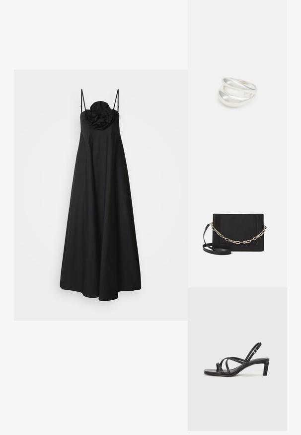 Melna bez piedurknēm kleita ar pieguļošu augšdaļu un izplestu svārku, kas rotāta ar trīsdimensiju zieda detaļu kaklā.; Melnas strappy sandales ar kvadrātveida purngaliem un zemu bloku papēdi. Ievērojamas ar vairākiem plāniem siksniņām un regulējamu potītes siksniņu. Izgatavotas no gludas ādas.; Melna ādas crossbody soma ar gludu faktūru, taisnstūrveida formu un metalizētu ķēdes detaļu priekšā. Iekļauta regulējama siksna.; Sudraba divu joslu gredzens ar gludu, pulētu virsmu. Iezīmējas ar plūstošu, izliekta dizaina struktūru ar pārklājošām sekcijām modernam izskatam.