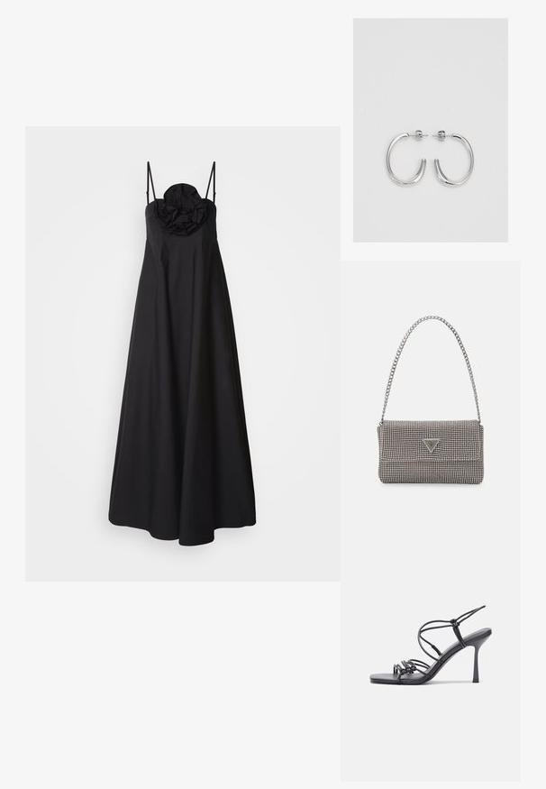 Fekete ujjatlan ruha, testhez simuló felső résszel és bővülő szoknyával, háromdimenziós virág részlettel a nyakkivágásnál.; Fekete magas sarkú szandálok vékony pántokkal, csomózott mintával, sima négyzetes orral és karcsú stiletto sarkal rendelkeznek.; Világosszürke fémes kézitáska lánc pánttal, kis kör alakú fém kifinomult díszítéssel és háromszög alakú márkagéppel.; Ezüst karika fülbevalók sima, fényes felülettel. Lekerekített forma, könnyű kialakítással, tűs zárómechanizmussal.