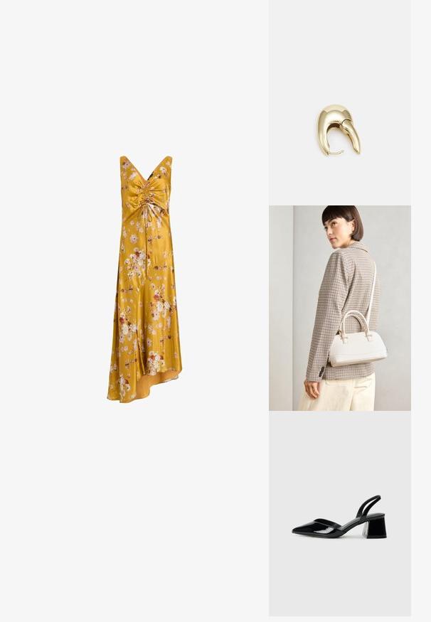 Gul blommig klänning i satin, med v-ringning, rynkad byst och asymmetrisk nederkant med flerfärgade blommönster.; Svarta lackläder slingback klackar med spetsig tå och geometrisk klack. Har en elegant, minimalistisk design och slät yta.; Vitt strukturerat handväska med korta handtag och en axelrem, med gyllene detaljer och texturerat material, visad mot en grå bakgrund.; Örhänge i guldtonad metall med en elegant, böjd design. Har en distinkt spetsig form, polerad yta och gångjärnslås.