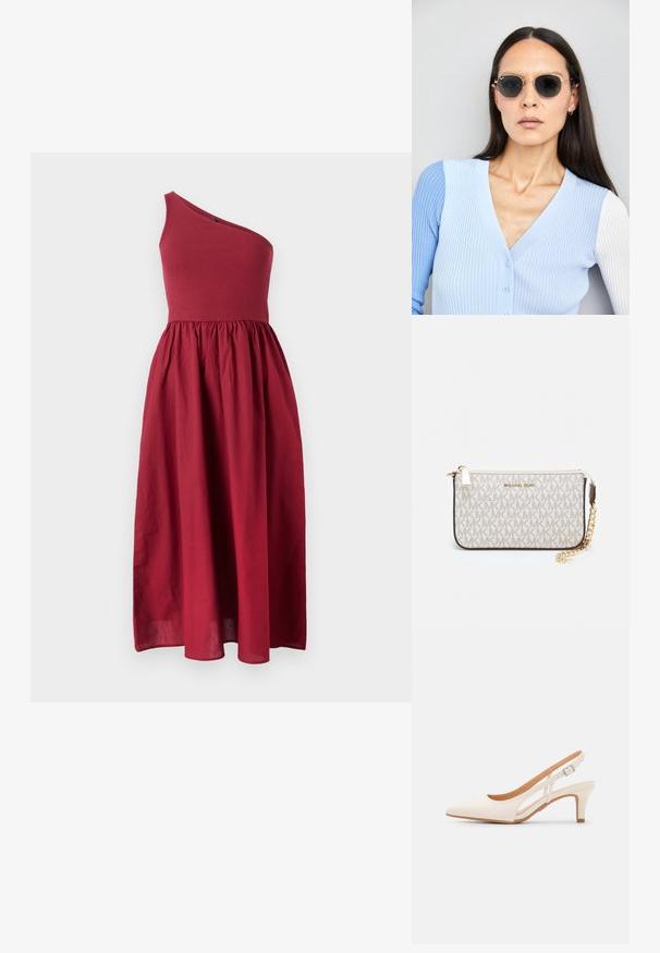 Robe d'une épaule, longueur genou, de couleur rouge foncé, avec un corsage ajusté et une jupe fluide, fabriquée dans un tissu léger avec une texture lisse.; Talons aiguilles blanches à bride arrière avec un bout pointu, un dessus lisse, un petit talon carré et un design avec découpes latérales et sangle réglable.; Lunettes de soleil rondes avec verres sombres et monture en or. Le modèle porte un cardigan à côtes bleu clair avec des boutons et des manches blanches contrastantes.; Porte-monnaie Michael Kors en toile enduite beige avec un motif répété de logo MK, des accessoires en or et une bandoulière en chaîne amovible.