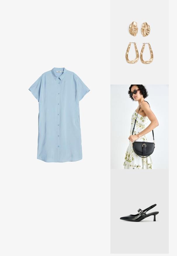 Lichtblauwe jurk met korte mouwen van gladde stof, met een knoopsluiting aan de voorkant, een klassieke kraag en zijzakken.; Zwarte gepatineerde leren slingback hakken met een puntige neus en een kleine blokhak, met een zilveren gespaccent op de band.; Zwarte leren handtas met een gebogen vorm, afneembare schouderband en gouden hardware. De tas heeft een klep met een gespsluiting.; Gouden oorbellen met een getextureerd, golvend ontwerp. Bevat sculpturale clip-on studs en een open ringontwerp met een gehamerd oppervlak.