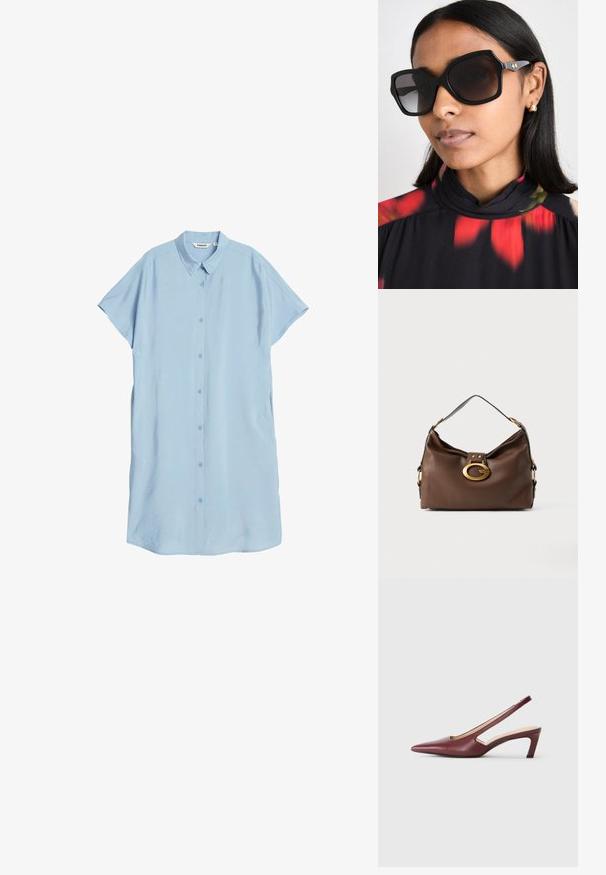 Helles blaues, kurzärmliges Hemdkleid aus glattem Stoff, mit einer geknöpften Vorderseite, klassischem Kragen und seitlichen Taschen.; Burgunderfarbene Slingback-High Heels mit spitzer Zehenform, Ausschnitten an den Seiten und einem Blockabsatz in mittlerer Höhe. Glatte Lederoberfläche.; Schwarze übergroße Sonnenbrille mit geometrischem Rahmen, dunkel getönten Gläsern und goldfarbenen Akzenten, getragen mit einem hochgeschlossenen Oberteil im floralen Muster.; Braune Handtasche aus Leder mit strukturiertem Finish, ausgestattet mit einem goldfarbigen Verschluss und einem einzigen, geschwungenen Schulterriemen.