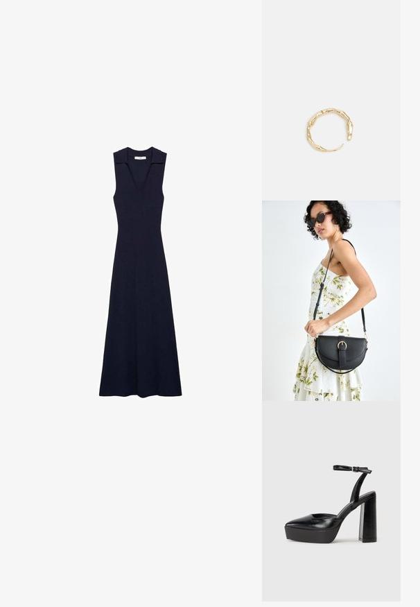 Mornarsko plava haljina bez rukava s V-izrezom i ovratnikom, s prilagođenim gornjim dijelom i lepršavom suknjom, napravljena od glatkog materijala.; Crne platforme s potpeticom s oštrim vrhom i podešivom naramenicom. Izrađene od glatke kože, s masivnom blok petom.; Crna kožna torba s lukovitim oblikom, odvojivim remenom i zlatnim detaljima. Torba ima preklop s kopčom.; Prsten u zlatnoj nijansi s organskim, uvijenim dizajnom, glatkom teksturom i suženim krajevima, koji stvara moderan, skulpturalni izgled.