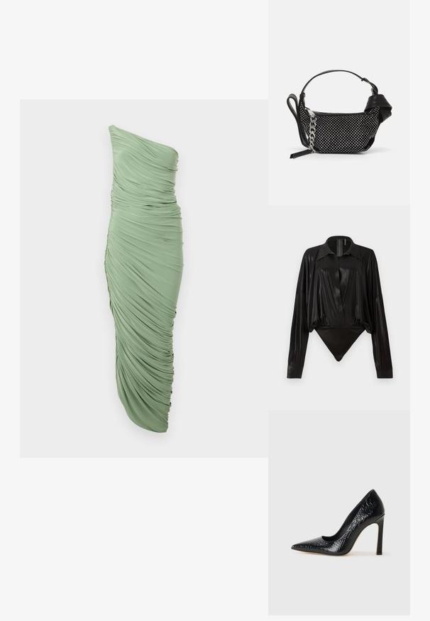 Vestido verde menta, de um ombro só, com textura franzida, design ajustado e bainha assimétrica. Tecido suave e elástico.; Bodysuit preto com mangas longas, decote em V e silhueta ajustada. Feito de um tecido brilhante e suave, com colarinho e punhos estruturados.; Sapato de salto alto de bico fino preto com textura de pele de crocodilo, apresentando um design elegante, salto agulha alto e interior preto suave.; Pasta preta com um design texturizado, adornada com tachas prateadas e uma alça em corrente prateada robusta. Apresenta uma forma minimalista e elegante.