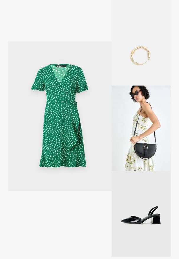 ONLY ONLOLIVIA WRAP DRESS - Dnevna haljina - verdant green; Crne lakirane kožne sandale s otvorenom petom i špicastim vrhom, s geometrijskom blok petom. Imaju elegantan, minimalistički dizajn i glatku teksturu.; Crna kožna torba s lukovitim oblikom, odvojivim remenom i zlatnim detaljima. Torba ima preklop s kopčom.; Prsten u zlatnoj nijansi s organskim, uvijenim dizajnom, glatkom teksturom i suženim krajevima, koji stvara moderan, skulpturalni izgled.