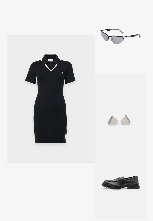 Mustapohjainen neulepolo-mekko, jossa on lyhyet hihat, V-pääntie, kontrastivalkoinen reunus ja sivuvetoketjut. Rinnassa on pieni logo.; Mustat nahkaa olevat loaferit, joissa on sileä pinta, varustettuna edessä olevalla hihnalla ja paksulla kumipohjalla, jossa on uritettua muotoilua.; Mustat aurinkolasit, joissa on kulmikas, kissansilmämuoto. Hopeiset peililinssit. Kapeat, kevyet muovikehykset, joissa on hienovaraista brändäystä temppeleissä.; Hopea metalliset korvakorut, joissa on sileä, pisaramainen muoto ja kiillotettu pinta. Huomaamattomat kaiverrukset lisäävät yksityiskohtia. Minimalistinen muotoilu.